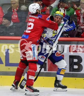 EBEL. Eishockey Bundesliga. EC KAC gegen VSV.  David Maier,  (KAC),  Anthony Luciani    (VSV). Klagenfurt, am 29.1.2023.
Foto: Kuess
www.qspictures.net
---
pressefotos, pressefotografie, kuess, qs, qspictures, sport, bild, bilder, bilddatenbank