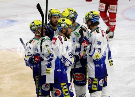 EBEL. Eishockey Bundesliga. EC KAC gegen VSV.    Torjubel Anthony Luciani, Robert Sabolic, Philipp Lindner  (VSV). Klagenfurt, am 29.1.2023.
Foto: Kuess
www.qspictures.net
---
pressefotos, pressefotografie, kuess, qs, qspictures, sport, bild, bilder, bilddatenbank