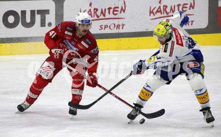 EBEL. Eishockey Bundesliga. EC KAC gegen VSV.   Jesper Jensen Aabo,   (KAC),  Chris Collins  (VSV). Klagenfurt, am 29.1.2023.
Foto: Kuess
www.qspictures.net
---
pressefotos, pressefotografie, kuess, qs, qspictures, sport, bild, bilder, bilddatenbank