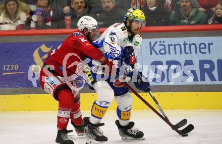 EBEL. Eishockey Bundesliga. EC KAC gegen VSV.   Steven Strong,   (KAC),  Chris Collins  (VSV). Klagenfurt, am 29.1.2023.
Foto: Kuess
www.qspictures.net
---
pressefotos, pressefotografie, kuess, qs, qspictures, sport, bild, bilder, bilddatenbank