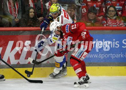 EBEL. Eishockey Bundesliga. EC KAC gegen VSV.   Rihards Bukarts,   (KAC),  Derek Joslin  (VSV). Klagenfurt, am 29.1.2023.
Foto: Kuess
www.qspictures.net
---
pressefotos, pressefotografie, kuess, qs, qspictures, sport, bild, bilder, bilddatenbank