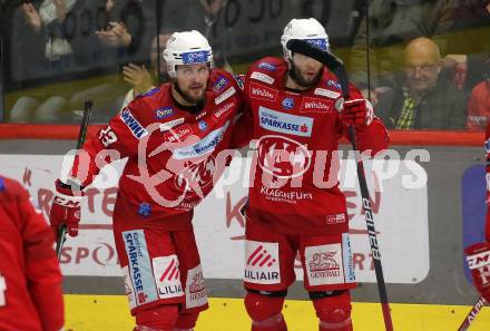 EBEL. Eishockey Bundesliga. EC KAC gegen VSV.   Torjubel Rok Ticar, Rihards Bukarts  (KAC).  Klagenfurt, am 29.1.2023.
Foto: Kuess
www.qspictures.net
---
pressefotos, pressefotografie, kuess, qs, qspictures, sport, bild, bilder, bilddatenbank