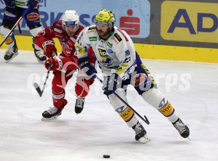 EBEL. Eishockey Bundesliga. EC KAC gegen VSV.   Matthew Fraser,   (KAC),   Simon Despres (VSV). Klagenfurt, am 29.1.2023.
Foto: Kuess
www.qspictures.net
---
pressefotos, pressefotografie, kuess, qs, qspictures, sport, bild, bilder, bilddatenbank