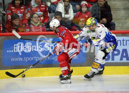 EBEL. Eishockey Bundesliga. EC KAC gegen VSV.  Fabian Hochegger,   (KAC),  Nicolas Rivett-Mattinen   (VSV). Klagenfurt, am 29.1.2023.
Foto: Kuess
www.qspictures.net
---
pressefotos, pressefotografie, kuess, qs, qspictures, sport, bild, bilder, bilddatenbank