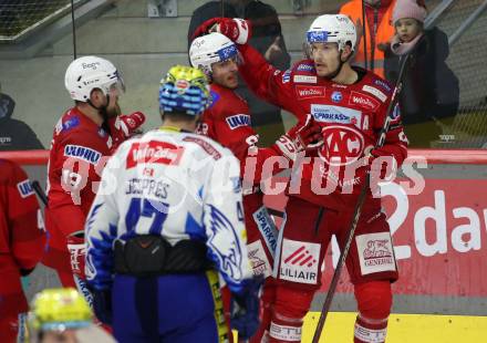 EBEL. Eishockey Bundesliga. EC KAC gegen VSV.   Torjubel Rihards Bukarts, Fabian Hochegger, Matthew Fraser  (KAC).  Klagenfurt, am 29.1.2023.
Foto: Kuess
www.qspictures.net
---
pressefotos, pressefotografie, kuess, qs, qspictures, sport, bild, bilder, bilddatenbank