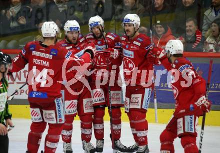 EBEL. Eishockey Bundesliga. EC KAC gegen VSV.    Torjubel Rok Ticar, Rihards Bukarts, Paul Postma, Jesper Jensen Aabo, Fabian Hochegger (KAC).  Klagenfurt, am 29.1.2023.
Foto: Kuess
www.qspictures.net
---
pressefotos, pressefotografie, kuess, qs, qspictures, sport, bild, bilder, bilddatenbank