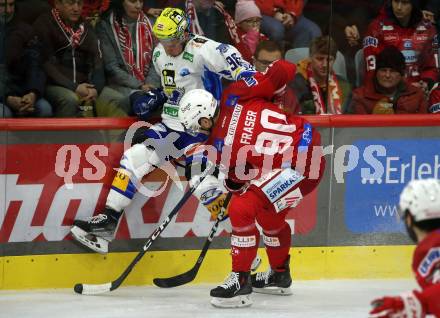 EBEL. Eishockey Bundesliga. EC KAC gegen VSV.    Matthew Fraser,  (KAC),  Blaz Tomazevic  (VSV). Klagenfurt, am 29.1.2023.
Foto: Kuess
www.qspictures.net
---
pressefotos, pressefotografie, kuess, qs, qspictures, sport, bild, bilder, bilddatenbank