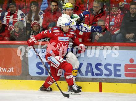 EBEL. Eishockey Bundesliga. EC KAC gegen VSV.   Matthew Fraser,  (KAC),   Arturs Kulda  (VSV). Klagenfurt, am 29.1.2023.
Foto: Kuess
www.qspictures.net
---
pressefotos, pressefotografie, kuess, qs, qspictures, sport, bild, bilder, bilddatenbank