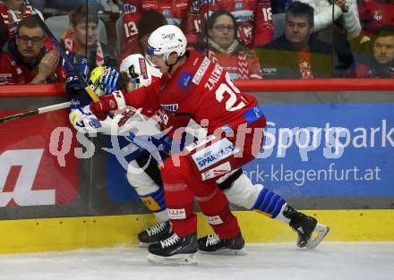 EBEL. Eishockey Bundesliga. EC KAC gegen VSV.   Mike Zalewski,   (KAC),  Philipp Lindner  (VSV). Klagenfurt, am 29.1.2023.
Foto: Kuess
www.qspictures.net
---
pressefotos, pressefotografie, kuess, qs, qspictures, sport, bild, bilder, bilddatenbank