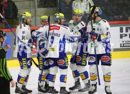 EBEL. Eishockey Bundesliga. EC KAC gegen VSV.    Torjubel Anthony Luciani, Andrew Desjardins, Alexander Rauchenwald, Arturs Kulda  (VSV). Klagenfurt, am 29.1.2023.
Foto: Kuess
www.qspictures.net
---
pressefotos, pressefotografie, kuess, qs, qspictures, sport, bild, bilder, bilddatenbank