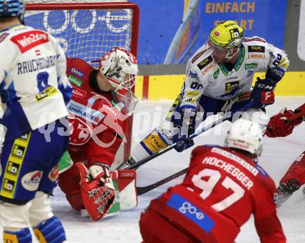 EBEL. Eishockey Bundesliga. EC KAC gegen VSV.   Sebastian Dahm,  (KAC),  Anthony Luciani    (VSV). Klagenfurt, am 29.1.2023.
Foto: Kuess
www.qspictures.net
---
pressefotos, pressefotografie, kuess, qs, qspictures, sport, bild, bilder, bilddatenbank