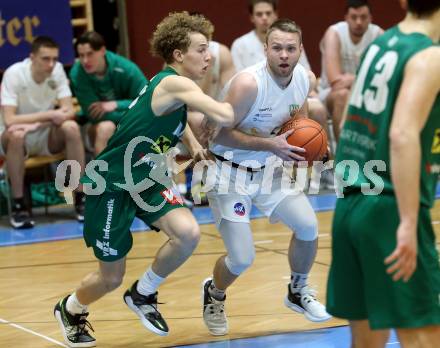 Basketball 2. Liga 2022/2023. Grunddurchgang 15. Runde.  KOS Celovec gegen Dornbirn Lions.  Tim Huber  (KOS), Felix Erath  (Dornbirn). Klagenfurt, am 4.2.2023.
Foto: Kuess
www.qspictures.net
---
pressefotos, pressefotografie, kuess, qs, qspictures, sport, bild, bilder, bilddatenbank