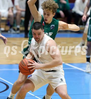 Basketball 2. Liga 2022/2023. Grunddurchgang 15. Runde.  KOS Celovec gegen Dornbirn Lions.  Grega Sajevic  (KOS),  Felix Erath (Dornbirn). Klagenfurt, am 4.2.2023.
Foto: Kuess
www.qspictures.net
---
pressefotos, pressefotografie, kuess, qs, qspictures, sport, bild, bilder, bilddatenbank