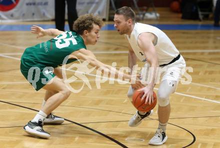 Basketball 2. Liga 2022/2023. Grunddurchgang 15. Runde.  KOS Celovec gegen Dornbirn Lions.  Tim Huber  (KOS), Felix Erath  (Dornbirn). Klagenfurt, am 4.2.2023.
Foto: Kuess
www.qspictures.net
---
pressefotos, pressefotografie, kuess, qs, qspictures, sport, bild, bilder, bilddatenbank