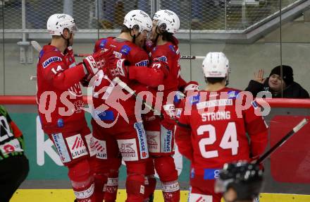 EBEL. Eishockey Bundesliga. EC KAC gegen Asiago Hockey.   Torjubel Manuel Ganahl, Rok Ticar, Thomas Hundertpfund, Steven Strong, Paul Postma  (KAC).  Klagenfurt, am 5.2.2023.
Foto: Kuess
www.qspictures.net
---
pressefotos, pressefotografie, kuess, qs, qspictures, sport, bild, bilder, bilddatenbank