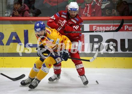 EBEL. Eishockey Bundesliga. EC KAC gegen Asiago Hockey.   Samuel Witting,  (KAC),    Luke Moncada  (Asiago). Klagenfurt, am 5.2.2023.
Foto: Kuess
www.qspictures.net
---
pressefotos, pressefotografie, kuess, qs, qspictures, sport, bild, bilder, bilddatenbank