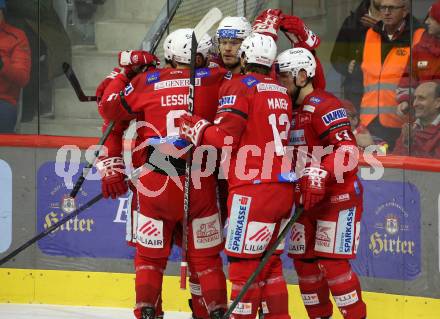 EBEL. Eishockey Bundesliga. EC KAC gegen Asiago Hockey.   Torjubel Matthew Fraser, Rihards Bukarts, David Maier, Lucas Lessio  (KAC).  Klagenfurt, am 5.2.2023.
Foto: Kuess
www.qspictures.net
---
pressefotos, pressefotografie, kuess, qs, qspictures, sport, bild, bilder, bilddatenbank