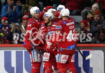 EBEL. Eishockey Bundesliga. EC KAC gegen Asiago Hockey.  Torjubel Fabian Hochegger, Jesper Jesnsen Aabo, Rok Ticar   (KAC).  Klagenfurt, am 5.2.2023.
Foto: Kuess
www.qspictures.net
---
pressefotos, pressefotografie, kuess, qs, qspictures, sport, bild, bilder, bilddatenbank