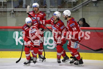 EBEL. Eishockey Bundesliga. EC KAC gegen Asiago Hockey.  Torjubel Manuel Ganahl, Rok Ticar, Thomas Hundertpfund, Steven Strong,   (KAC).  Klagenfurt, am 5.2.2023.
Foto: Kuess
www.qspictures.net
---
pressefotos, pressefotografie, kuess, qs, qspictures, sport, bild, bilder, bilddatenbank