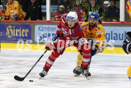 EBEL. Eishockey Bundesliga. EC KAC gegen Asiago Hockey.   Nikolaus Kraus,  (KAC),    Luke Moncada  (Asiago). Klagenfurt, am 5.2.2023.
Foto: Kuess
www.qspictures.net
---
pressefotos, pressefotografie, kuess, qs, qspictures, sport, bild, bilder, bilddatenbank