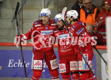 EBEL. Eishockey Bundesliga. EC KAC gegen Asiago Hockey.   Torjubel Matthew Fraser, Rihards Bukarts, David Maier  (KAC).  Klagenfurt, am 5.2.2023.
Foto: Kuess
www.qspictures.net
---
pressefotos, pressefotografie, kuess, qs, qspictures, sport, bild, bilder, bilddatenbank