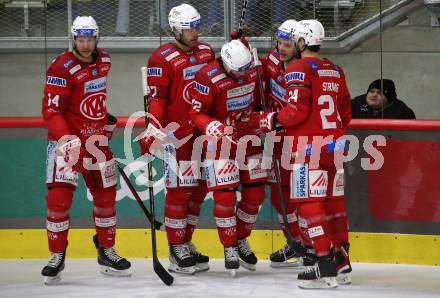 EBEL. Eishockey Bundesliga. EC KAC gegen Asiago Hockey.   Torjubel Manuel Ganahl, Rok Ticar, Thomas Hundertpfund, Steven Strong, Paul Postma  (KAC).  Klagenfurt, am 5.2.2023.
Foto: Kuess
www.qspictures.net
---
pressefotos, pressefotografie, kuess, qs, qspictures, sport, bild, bilder, bilddatenbank