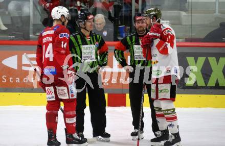 EBEL. Eishockey Bundesliga. EC KAC gegen HCB Suedtirol Alperia.  Paul Postma,    (KAC),  Daniel Frank,  (Bozen), Schiedsrichter. Klagenfurt, am 17.2.2023.
Foto: Kuess
www.qspictures.net
---
pressefotos, pressefotografie, kuess, qs, qspictures, sport, bild, bilder, bilddatenbank
