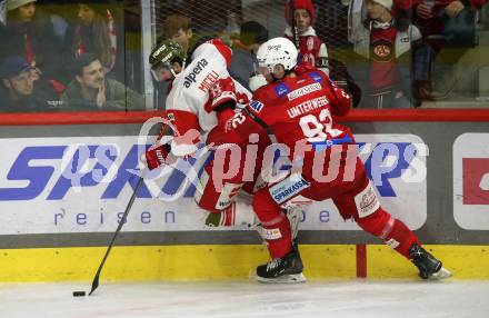 EBEL. Eishockey Bundesliga. EC KAC gegen HCB Suedtirol Alperia.    Clemens Unterweger, (KAC),   Angelo Miceli  (Bozen). Klagenfurt, am 17.2.2023.
Foto: Kuess
www.qspictures.net
---
pressefotos, pressefotografie, kuess, qs, qspictures, sport, bild, bilder, bilddatenbank