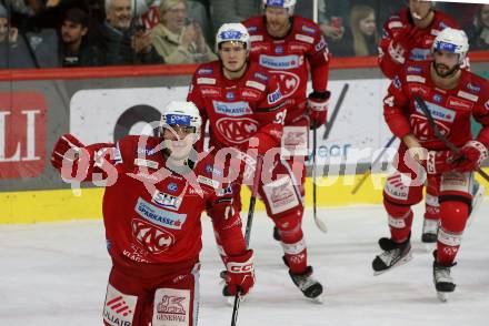 EBEL. Eishockey Bundesliga. EC KAC gegen HCB Suedtirol Alperia.   Torjubel Fabian Hochegger, Paul Postma, Steven Strong, Nikolaus Kraus, Mike Zalewski  (KAC). Klagenfurt, am 17.2.2023.
Foto: Kuess
www.qspictures.net
---
pressefotos, pressefotografie, kuess, qs, qspictures, sport, bild, bilder, bilddatenbank