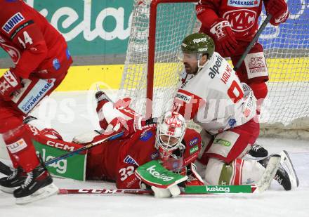 EBEL. Eishockey Bundesliga. EC KAC gegen HCB Suedtirol Alperia.    Sebastian Dahm, (KAC),    Mike Halmo  (Bozen). Klagenfurt, am 17.2.2023.
Foto: Kuess
www.qspictures.net
---
pressefotos, pressefotografie, kuess, qs, qspictures, sport, bild, bilder, bilddatenbank