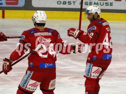EBEL. Eishockey Bundesliga. EC KAC gegen HCB Suedtirol Alperia   Torjubel Steven Strong, Rok Ticar  (KAC). Klagenfurt, am 17.2.2023.
Foto: Kuess
www.qspictures.net
---
pressefotos, pressefotografie, kuess, qs, qspictures, sport, bild, bilder, bilddatenbank