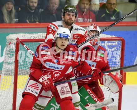 EBEL. Eishockey Bundesliga. EC KAC gegen HCB Suedtirol Alperia.  Kele Steffler,  (KAC),    Daniel Frank  (Bozen). Klagenfurt, am 17.2.2023.
Foto: Kuess
www.qspictures.net
---
pressefotos, pressefotografie, kuess, qs, qspictures, sport, bild, bilder, bilddatenbank