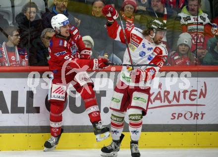 EBEL. Eishockey Bundesliga. EC KAC gegen HCB Suedtirol Alperia.   Fabian Hochegger,  (KAC),  Brad McClure   (Bozen). Klagenfurt, am 17.2.2023.
Foto: Kuess
www.qspictures.net
---
pressefotos, pressefotografie, kuess, qs, qspictures, sport, bild, bilder, bilddatenbank
