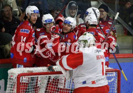 EBEL. Eishockey Bundesliga. EC KAC gegen HCB Suedtirol Alperia.  Torjubel Fabian Hochegger, Paul Postma, Steven Strong, Nikolaus Kraus, Mike Zalewski   (KAC). Klagenfurt, am 17.2.2023.
Foto: Kuess
www.qspictures.net
---
pressefotos, pressefotografie, kuess, qs, qspictures, sport, bild, bilder, bilddatenbank