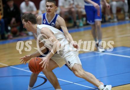 Basketball 2. Liga 2022/2023. Grunddurchgang 17. Runde.  KOS Celovec gegen Kufstein Towers. Andi Smrtnik (KOS),  Igor Milovanovic (Kufstein). Klagenfurt, am 18.2.2023.
Foto: Kuess
www.qspictures.net
---
pressefotos, pressefotografie, kuess, qs, qspictures, sport, bild, bilder, bilddatenbank