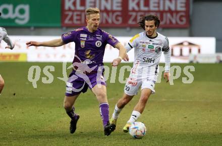 Fussball Bundesliga. SK Austria Klagenfurt gegen RZ Pellets WAC.  Christopher Cvetko, (Klagenfurt),  Matthaeus Taferner   (WAC). Klagenfurt, am 18.2.2023.
Foto: Kuess
---
pressefotos, pressefotografie, kuess, qs, qspictures, sport, bild, bilder, bilddatenbank