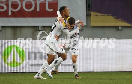 Fussball Bundesliga. SK Austria Klagenfurt gegen RZ Pellets WAC.  Torjubel Maurice Maximilian Malone, Adis Jasic  (WAC). Klagenfurt, am 18.2.2023.
Foto: Kuess
---
pressefotos, pressefotografie, kuess, qs, qspictures, sport, bild, bilder, bilddatenbank