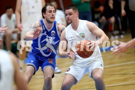 Basketball 2. Liga 2022/2023. Grunddurchgang 17. Runde.  KOS Celovec gegen Kufstein Towers. Grega Sajevic (KOS), Fabio Thaler  (Kufstein). Klagenfurt, am 18.2.2023.
Foto: Kuess
www.qspictures.net
---
pressefotos, pressefotografie, kuess, qs, qspictures, sport, bild, bilder, bilddatenbank