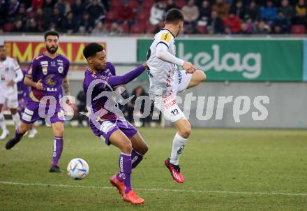 Fussball Bundesliga. SK Austria Klagenfurt gegen RZ Pellets WAC.  Michael Blauensteiner,  (Klagenfurt),  Matteo Anzolin  (WAC). Klagenfurt, am 18.2.2023.
Foto: Kuess
---
pressefotos, pressefotografie, kuess, qs, qspictures, sport, bild, bilder, bilddatenbank