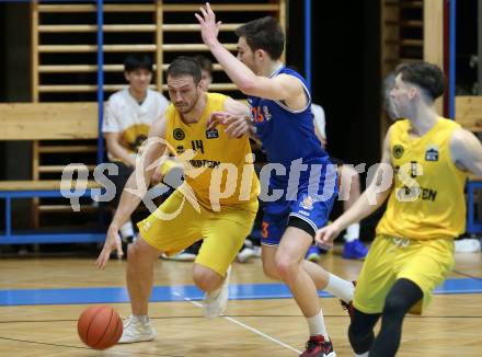 Basketball 2. Liga 2022/2023. Grunddurchgang 17. Runde. Woerthersee Piraten gegen BBU Salzburg. Maximilian Kunovjanek   (Piraten),  Robert Becker (Salzburg). Klagenfurt, am 19.2.2023.
Foto: Kuess
www.qspictures.net
---
pressefotos, pressefotografie, kuess, qs, qspictures, sport, bild, bilder, bilddatenbank