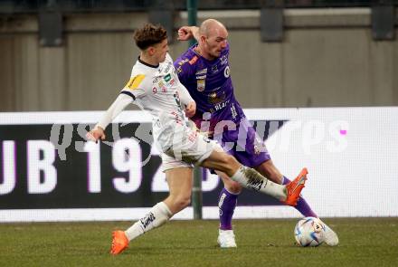 Fussball Bundesliga. SK Austria Klagenfurt gegen RZ Pellets WAC. Nicolas Wimmer,   (Klagenfurt), Nikolas Konrad Veratschnig   (WAC). Klagenfurt, am 18.2.2023.
Foto: Kuess
---
pressefotos, pressefotografie, kuess, qs, qspictures, sport, bild, bilder, bilddatenbank