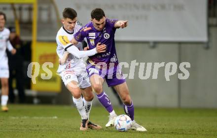 Fussball Bundesliga. SK Austria Klagenfurt gegen RZ Pellets WAC.  Andrew Irving, (Klagenfurt),   Adis Jasic  (WAC). Klagenfurt, am 18.2.2023.
Foto: Kuess
---
pressefotos, pressefotografie, kuess, qs, qspictures, sport, bild, bilder, bilddatenbank