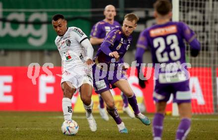 Fussball Bundesliga. SK Austria Klagenfurt gegen RZ Pellets WAC.  Floria Jaritz,  (Klagenfurt),   Maurice Maximilian Malone (WAC). Klagenfurt, am 18.2.2023.
Foto: Kuess
---
pressefotos, pressefotografie, kuess, qs, qspictures, sport, bild, bilder, bilddatenbank