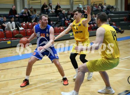 Basketball 2. Liga 2022/2023. Grunddurchgang 17. Runde. Woerthersee Piraten gegen BBU Salzburg.  Felix Leindecker, Maximilian Kunovjanek (Piraten),  Luka Milovac (Salzburg). Klagenfurt, am 19.2.2023.
Foto: Kuess
www.qspictures.net
---
pressefotos, pressefotografie, kuess, qs, qspictures, sport, bild, bilder, bilddatenbank