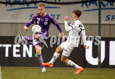 Fussball Bundesliga. SK Austria Klagenfurt gegen RZ Pellets WAC. Florian Jaritz,   (Klagenfurt),  Nikolas Konrad Veratschnig   (WAC). Klagenfurt, am 18.2.2023.
Foto: Kuess
---
pressefotos, pressefotografie, kuess, qs, qspictures, sport, bild, bilder, bilddatenbank