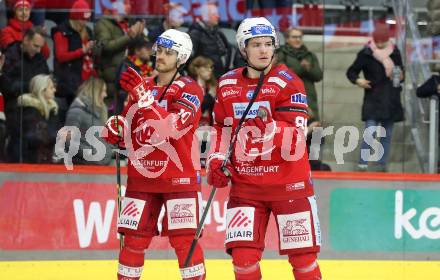 EBEL. Eishockey Bundesliga. EC KAC gegen BEMER Pioneers Vorarlberg. Nikolaus Kraus, Thomas Vallant    (KAC).  Klagenfurt, am 21.2.2023.
Foto: Kuess
www.qspictures.net
---
pressefotos, pressefotografie, kuess, qs, qspictures, sport, bild, bilder, bilddatenbank