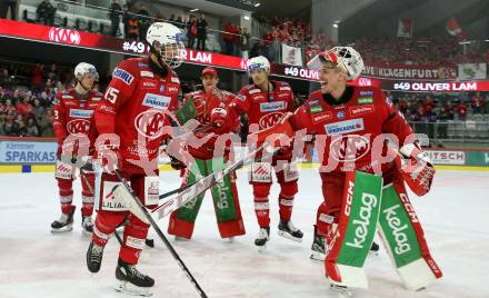 EBEL. Eishockey Bundesliga. EC KAC gegen BEMER Pioneers Vorarlberg.  Oliver Lam, Matthew Fraser, Sebastian Dahm   (KAC).  Klagenfurt, am 21.2.2023.
Foto: Kuess
www.qspictures.net
---
pressefotos, pressefotografie, kuess, qs, qspictures, sport, bild, bilder, bilddatenbank