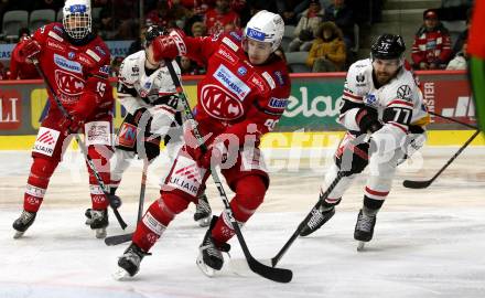 EBEL. Eishockey Bundesliga. EC KAC gegen BEMER Pioneers Vorarlberg.   Nikolaus Kraus,  (KAC),    Ivan Korecky  (Vorarlberg). Klagenfurt, am 21.2.2023.
Foto: Kuess
www.qspictures.net
---
pressefotos, pressefotografie, kuess, qs, qspictures, sport, bild, bilder, bilddatenbank
