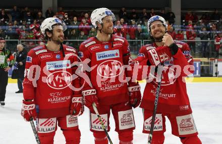 EBEL. Eishockey Bundesliga. EC KAC gegen BEMER Pioneers Vorarlberg.  Marcel Witting, Thomas Hundertpfund, Manuel Ganahl   (KAC).  Klagenfurt, am 21.2.2023.
Foto: Kuess
www.qspictures.net
---
pressefotos, pressefotografie, kuess, qs, qspictures, sport, bild, bilder, bilddatenbank