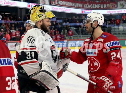 EBEL. Eishockey Bundesliga. EC KAC gegen BEMER Pioneers Vorarlberg. Steven Strong, David Madlener    (KAC).  Klagenfurt, am 21.2.2023.
Foto: Kuess
www.qspictures.net
---
pressefotos, pressefotografie, kuess, qs, qspictures, sport, bild, bilder, bilddatenbank